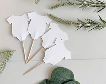 White Baby Bodysuit Cupcake Toppers: Handmade Shower Decor, Set of 12