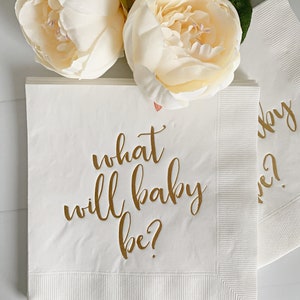 Gender Reveal What Will Baby Be? Napkins - White with Gold