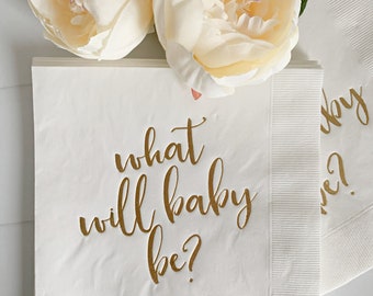 Gender Reveal What Will Baby Be? Napkins - White with Gold