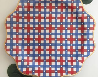 4th of July - America 250 - Red and Blue Gingham Scalloped Plates -  - Set of 8