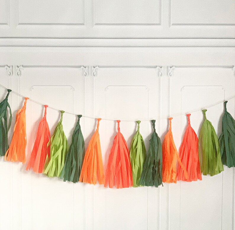 Op de afbeelding: Een kleurrijke tassel slinger met afwisselend oranje, groene en donkergroene papieren kwasten. De kwasten zijn geregen aan een wit koord, wat een feestelijke en decoratieve banner cre&euml;ert. Perfect voor feesten.