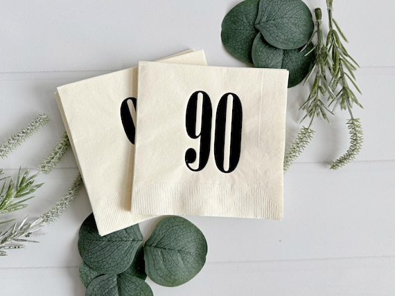 90th Birthday Napkins - Ivory and Black | Set of 16 Cocktail Sized Napkins