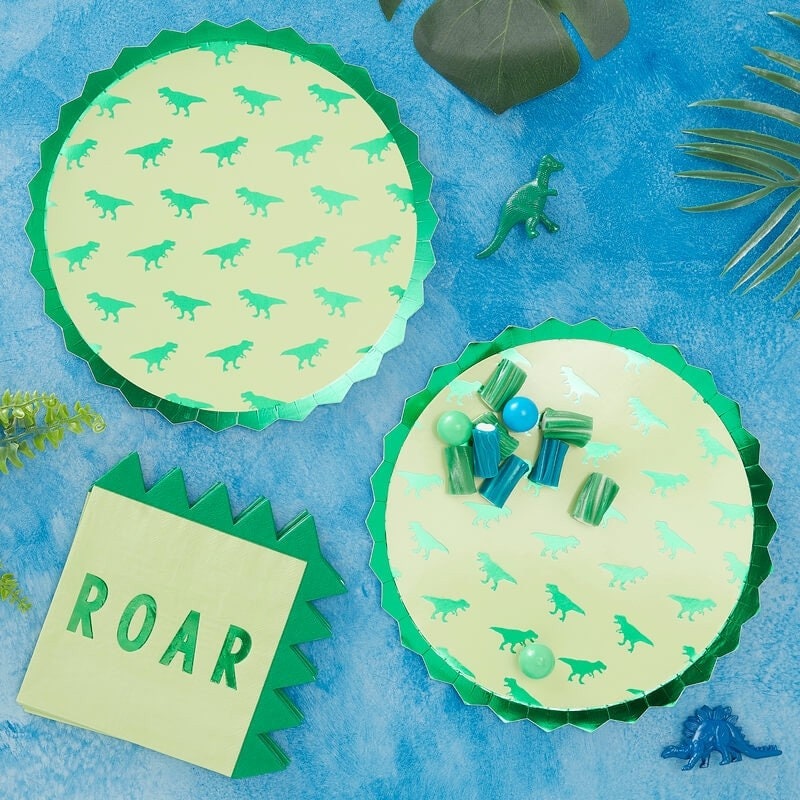 Three Rex Dinosaur Birthday Party Cups Napkins and Plates
