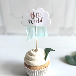 Hello World Cloud Cupcake Toppers | Rose Gold Baby Shower Picks (Set of 10)
