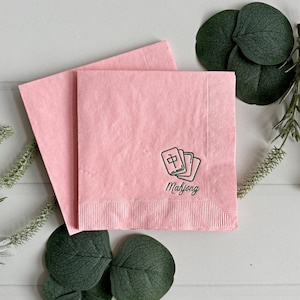 Pink Mahjong Cocktail Napkins: Green Foil Tile Design, Set of 16