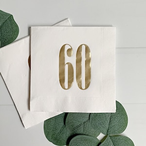 60th Birthday Cocktail Napkins - Gold on White | Set of 16 60th Birthday Beverage Napkins