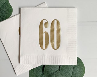 60th Birthday Cocktail Napkins: Gold Foil on White, Set of 16