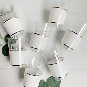 White & Gold Plastic Cocktail Glasses, Set of 10, 12 oz