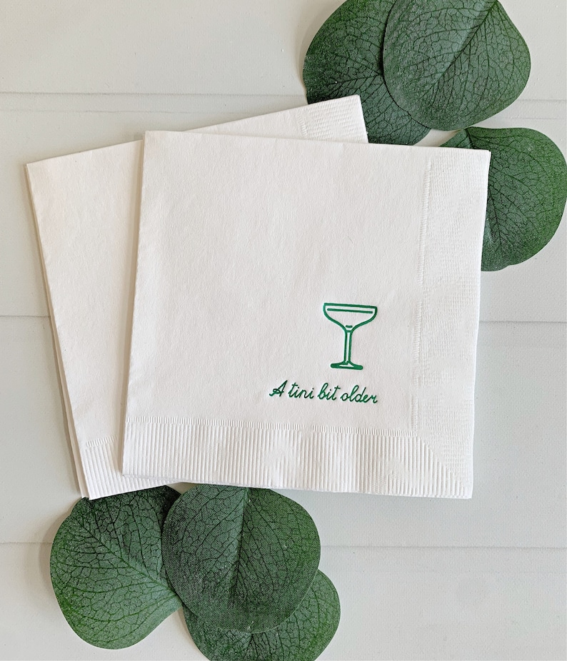 Introducing "A Tini Bit Older Cocktail Napkins" by EnFete - the perfect addition to any martini themed birthday party or cocktail hour! These charming and whimsical napkins boast a retro design, adding a touch of nostalgia to your event. Perfect for a dirty thirty 30th birthday party for her.  The copper version is perfect for an espresso martini theme with coffee and coupes!  If you're celebrating with cosmos or aperol spritz - these work wonderfully as well.