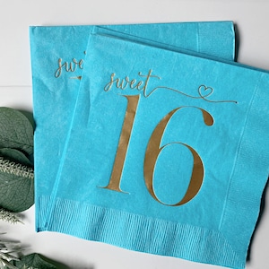 Sweet 16 Birthday: Gold Foil on Turquoise Luncheon Napkins. Set of 16