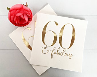 60th Birthday Napkins | Set of 16 Embossed Gold Foil BDay Cocktail Napkins