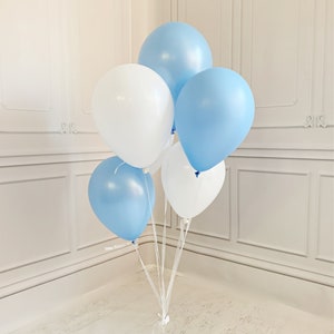May include: A cluster of five round balloons in alternating shades of light blue and white, tied together with white ribbons. The balloons are anchored at the base by a small, spherical, silver mirrored disco ball with a reflective surface.