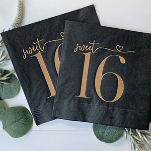 Sweet 16 Luncheon Napkins - Gold on Black