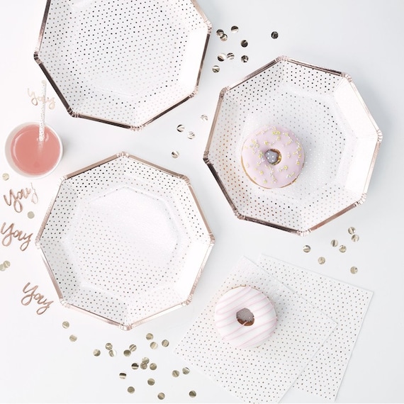 Rose Gold Polka Dot Paper Plates, Bridal Shower Decorations, Pink and Gold Party Supplies Il_570xn