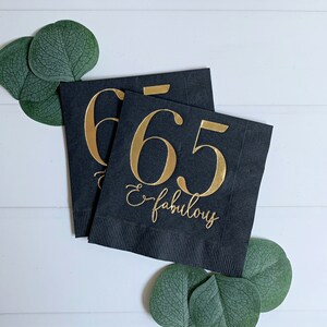 65 & Fabulous Gold on Black Cocktail Napkins -