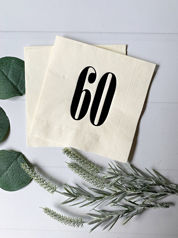 60th Birthday Napkins - Ivory & Black - Cocktail or Luncheon Size Embossed Foil