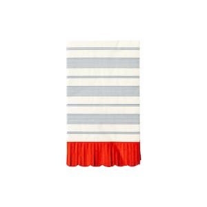May include: White paper napkins with blue stripes and a red scalloped edge.