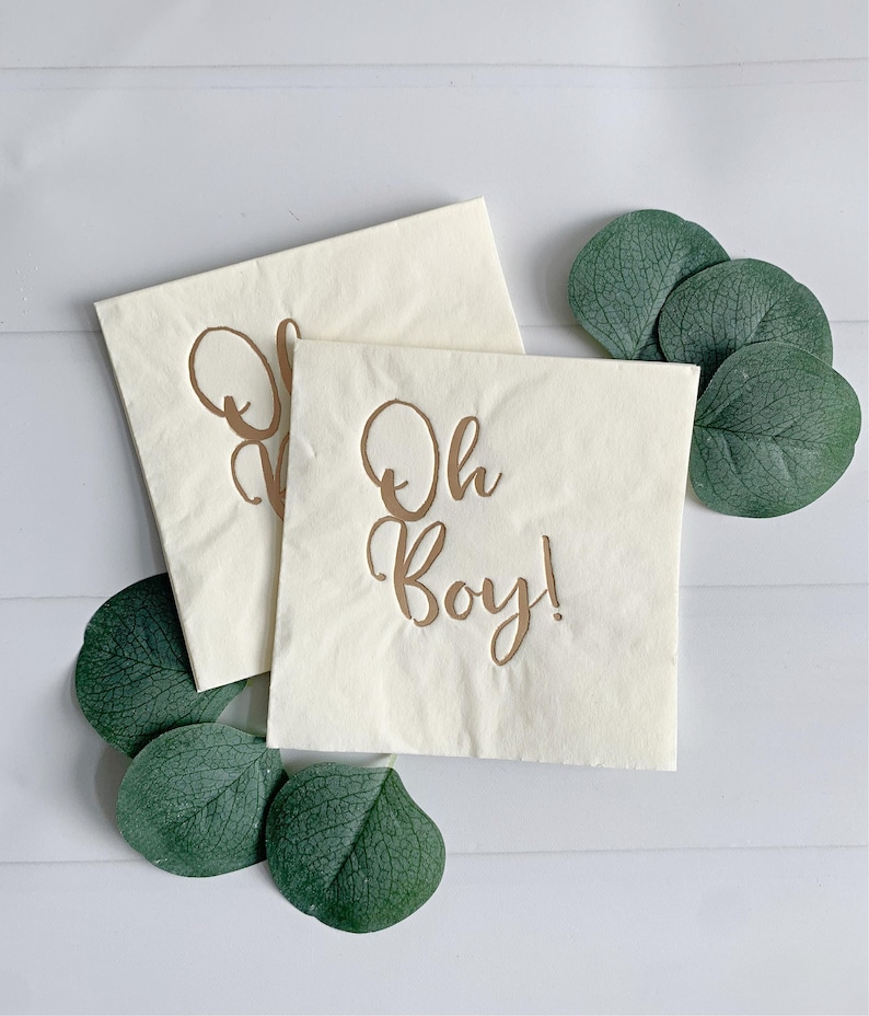Oh Boy! Baby Shower Cocktail Napkins: Embossed Foil, Set of 16 Gold & Cream