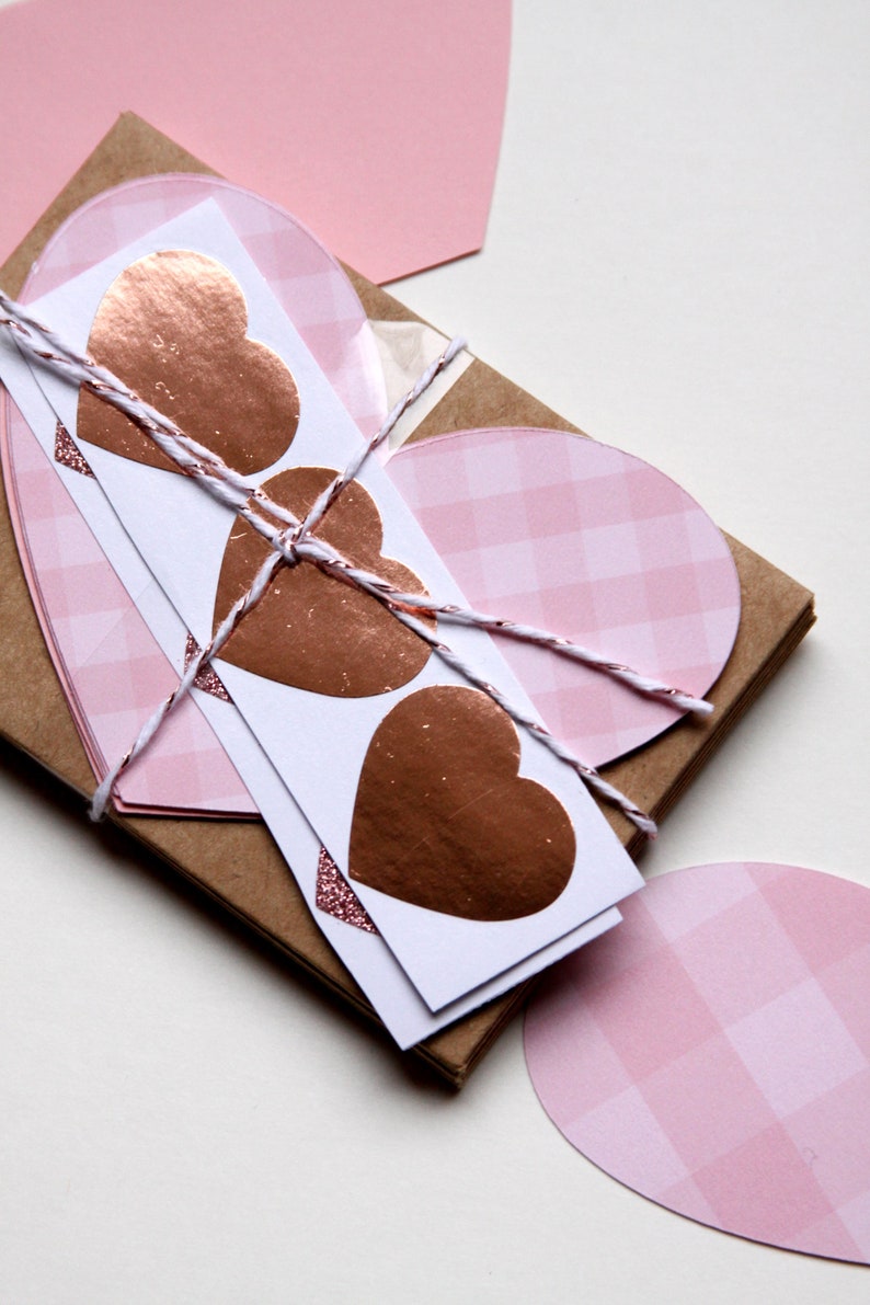 Handmade DIY Valentine cards or lunchbox notes - cute little gingham hearts and kraft envelopes.