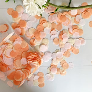 May include: A clear container filled with peach, pink, and white confetti circles. The confetti is scattered on a white surface.