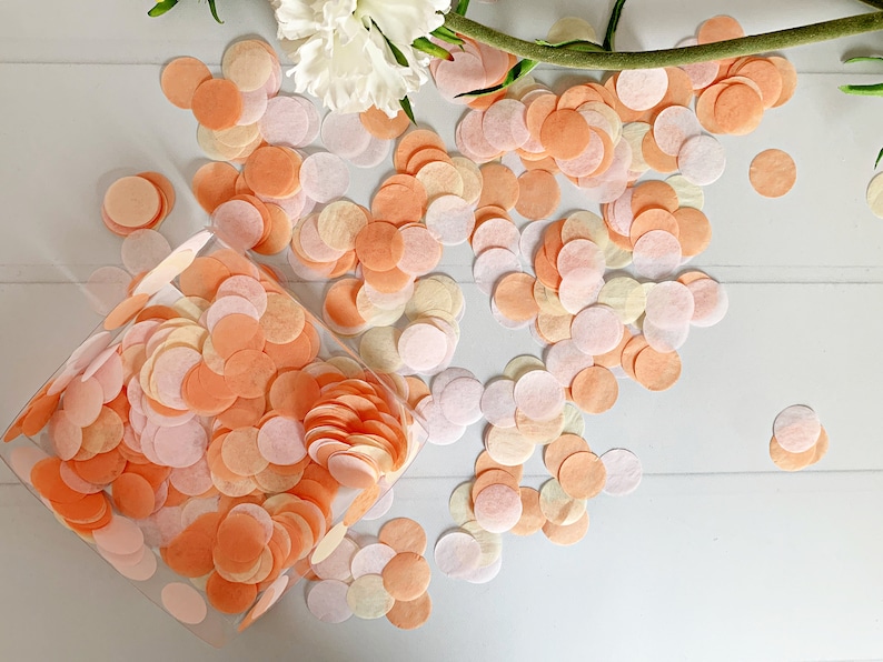 May include: A clear container filled with peach, pink, and white confetti circles. The confetti is scattered on a white surface.
