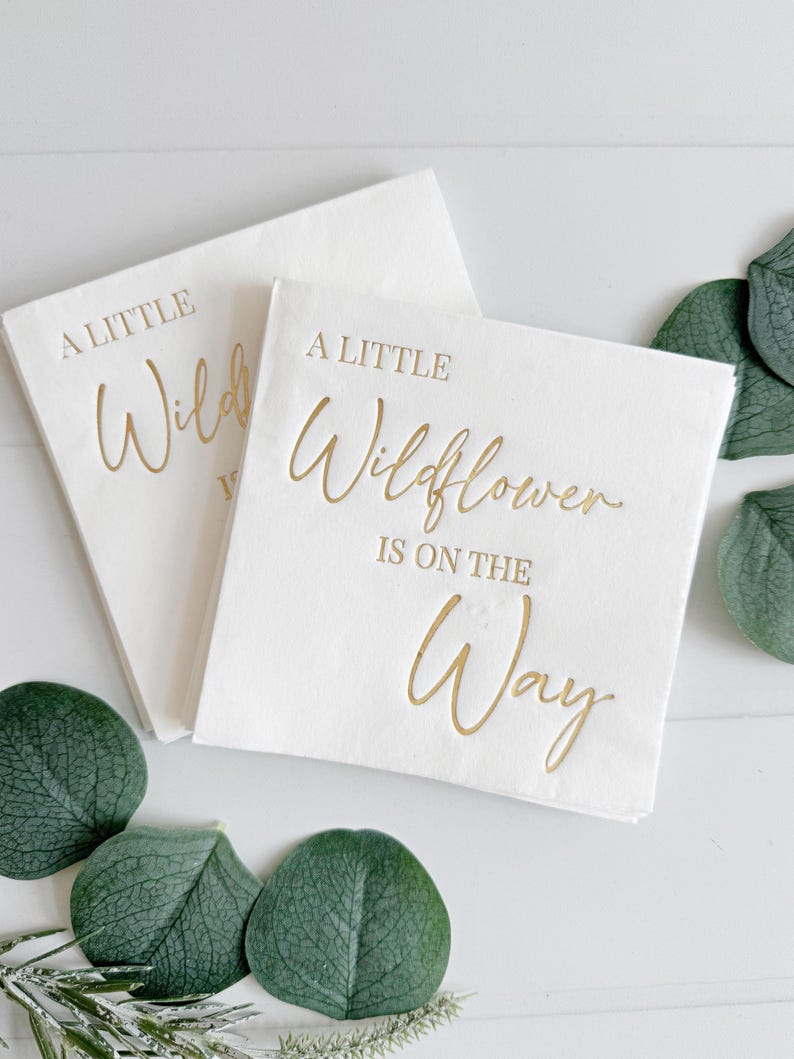 Wildflower Baby Shower Napkins: Gold Foil Cocktail or Luncheon Napkins, Set of 16 A little wildflower