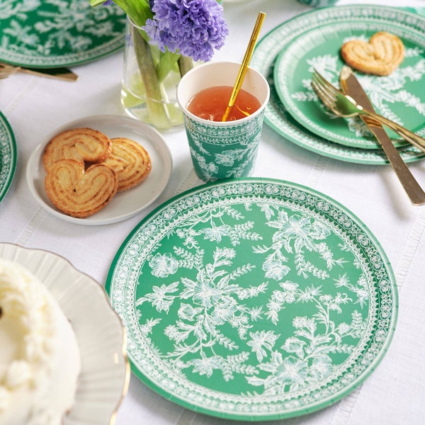 Emerald Green Toile Dinner Plates - Bold Floral