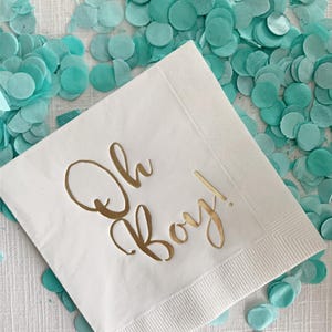 'Oh Boy' in ice blue foil on white paper napkins are the perfect touch for balancing all the tasty treats that will be served at the baby shower!
You can select your color choice from the drop down menu.  Everything from forest green and gold, to red on white, and ice blues and navys.  You can match your baby shower themes with ease with these napkins.