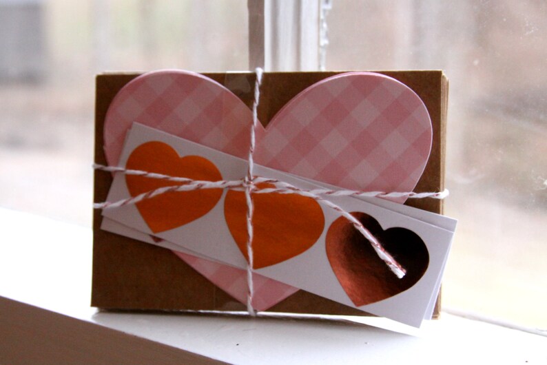 Handmade DIY Valentine cards or lunchbox notes - cute little gingham hearts and kraft envelopes.