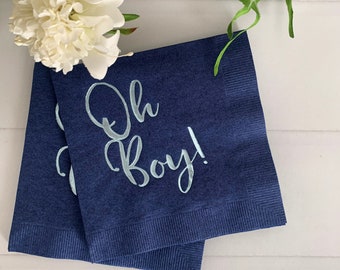 Oh Boy Baby Shower Cocktail Napkins - Navy with Ice Blue