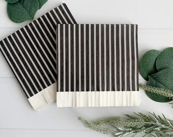 Cottagecore Black and Cream Striped Cocktail Napkins with Fringe Details