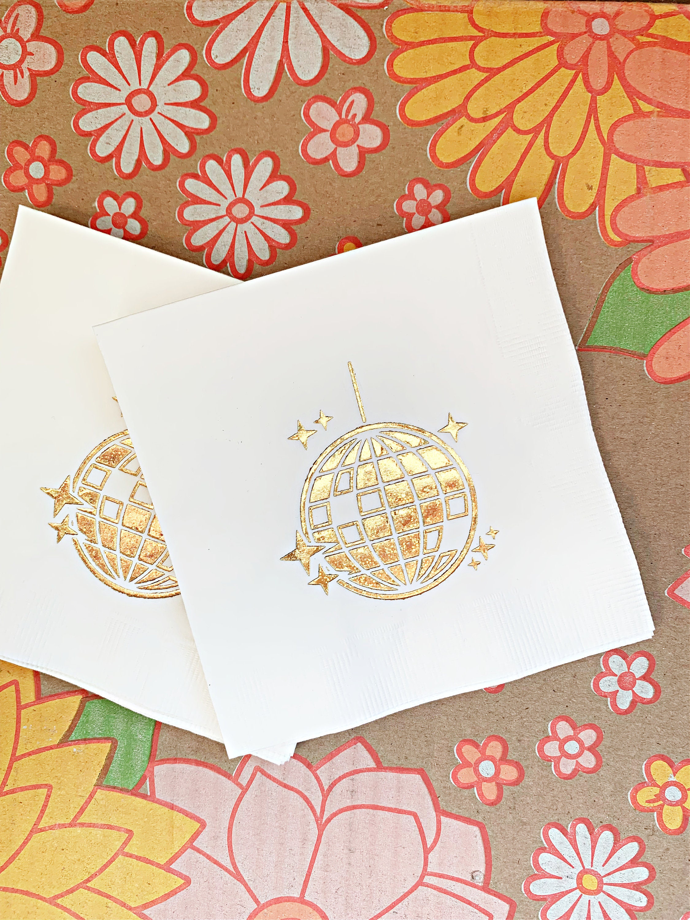Disco Ball Cocktail Napkins White with Gold Sparkle