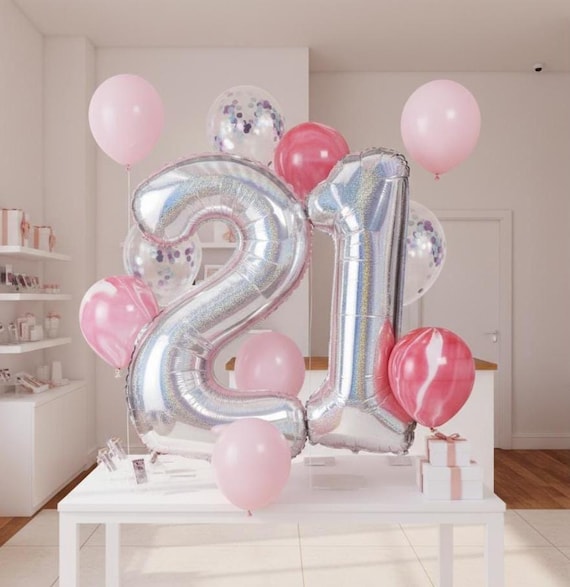 Set De Globos Para 21 Cumpleaños: Canicas Rosas Y Confeti, Globos De Aluminio Con El Número 21 - México