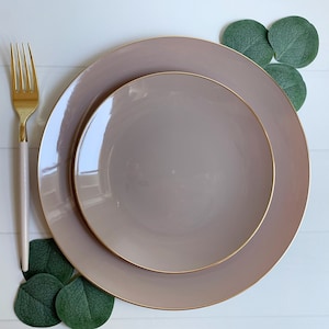 Taupe with Gold Dinner Plates - Plastic Event Plates- Wedding, Baby Shower, Bridsl Shower