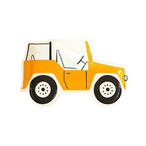 May include: Yellow paper party plate shaped like a cartoon jeep. The plate has black outlines and white wheels.