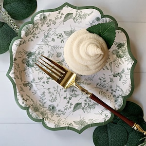 Sage Green Toile Dessert Plates: Floral Scalloped Rim, Set of 25