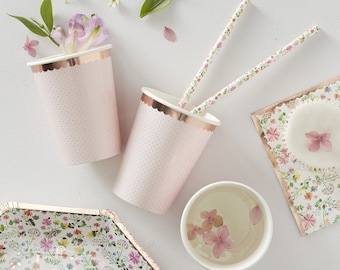 Rose Gold Polka Dot Paper Cups, Bridal Shower Decorations, Pink and Gold Party Supplies