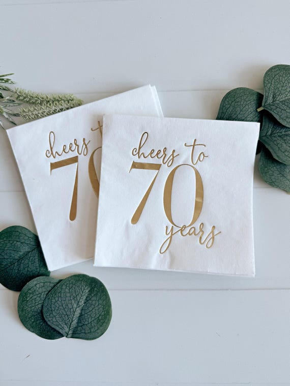 Cheers to 70 Years Cocktail Napkins: Set of 16, Gold Foil Birthday Party Decor