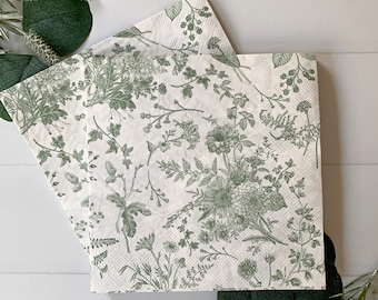 Sage Green Toile Paper Napkins: Floral Luncheon Decor, Set of 20