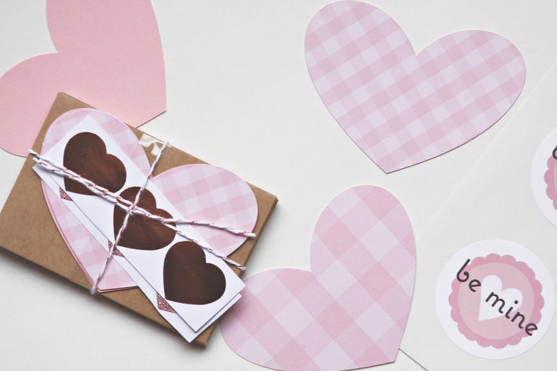 Handmade DIY Valentine cards or lunchbox notes - cute little gingham hearts and kraft envelopes.