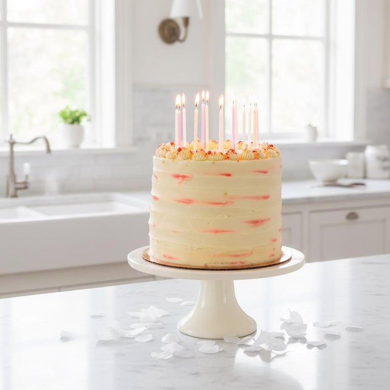 May include: A frosted cake with pink accents and lit candles on a white cake stand. The cake is decorated with sprinkles and sits on a white marble countertop. The background includes a kitchen with a window and a sink.