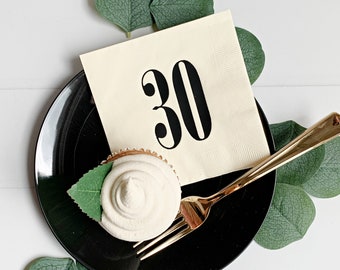 30th Birthday Napkins: Cream & Black Embossed Cocktail Napkins (Set of 16)