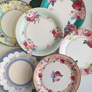 Assorted Tea Party Dinner Paper Plates- Set of 24 - 8.5&quot; Diameter - Sweet Vintage Designs for a Unique Bridal Shower or Baby Shower