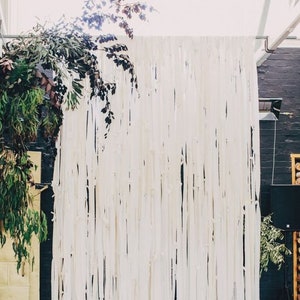 May include: A white backdrop made of fabric strips hangs against a black wall. The fabric strips are long and flowing, creating a soft and ethereal look. Greenery is draped over the top of the backdrop, adding a touch of natural beauty.