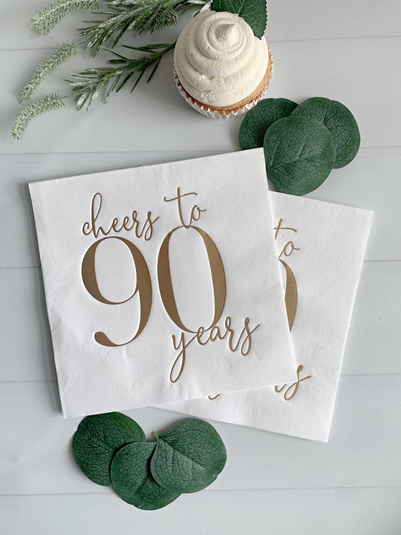 Cheers to 90 Years - Gold Foil | Set of 16 90th Birthday Beverage or Luncheon Napkins Gold/White Luncheon