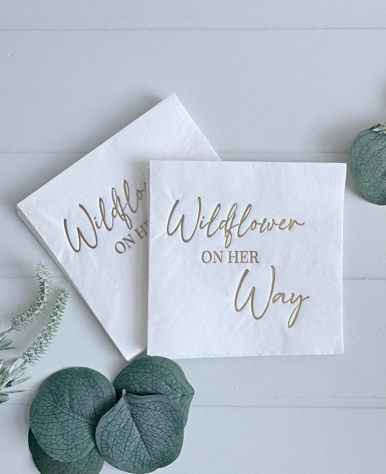 Wildflower Baby Shower Napkins: Gold Foil Cocktail or Luncheon Napkins, Set of 16 On Her Way Cocktail