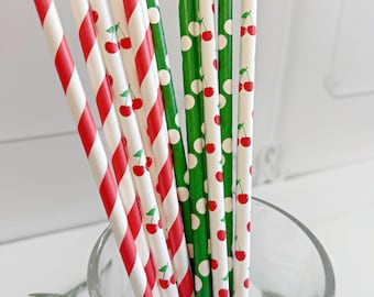 Cherry on Top Party Straws: Red Pink and Green Paper Straws, Set of 12