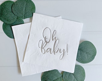 Oh Baby Cocktail Napkin - Silver on White Set of 16