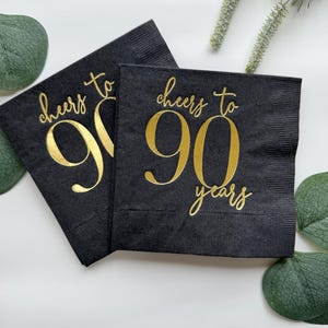 Cheers to 90 Years - Gold Foil | Set of 16 90th Birthday Beverage or Luncheon Napkins Gold/Black Cocktail