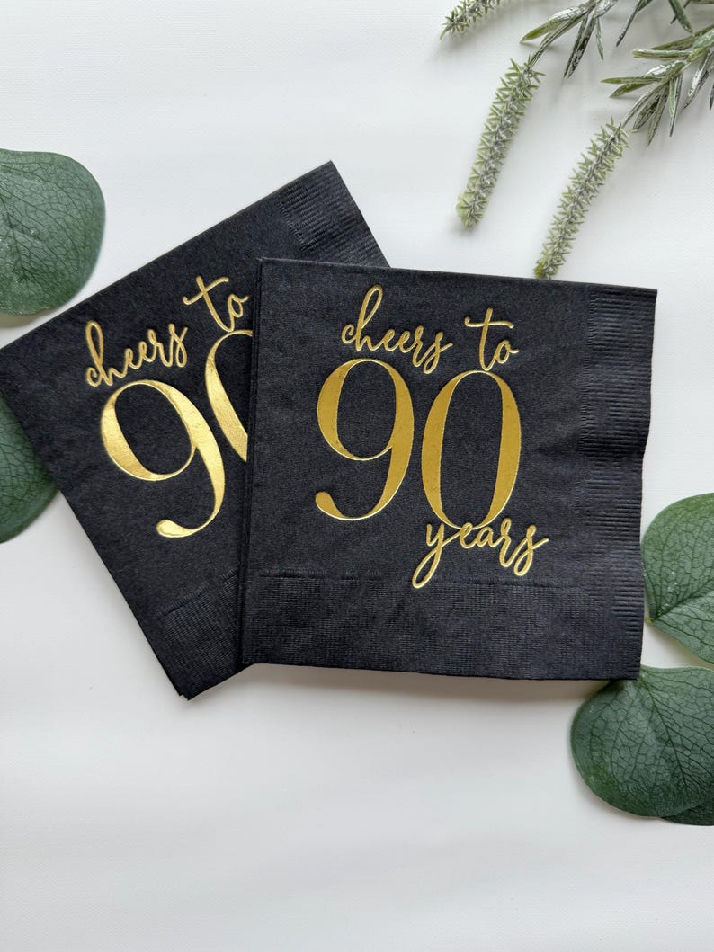 Cheers to 90 Years - Gold Foil | Set of 16 90th Birthday Beverage or Luncheon Napkins Gold/Black Cocktail